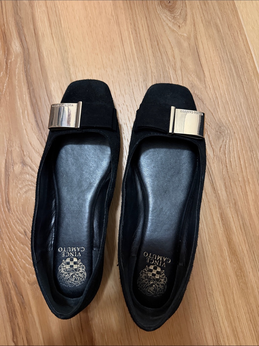 Vince Camuto Black Leather/Suede Flats with Gold Accent Buckle